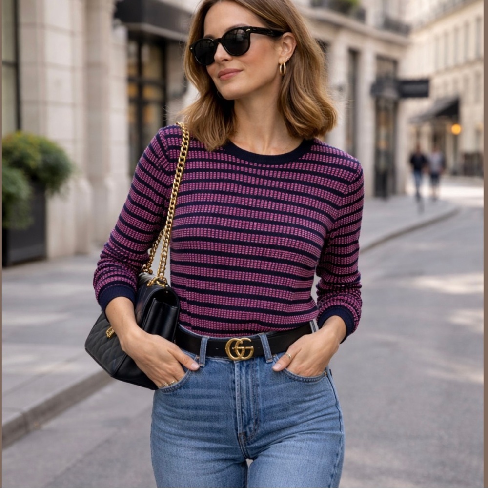 J. Crew Navy and Pink Patterned Crewneck Sweater